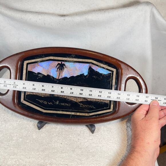 Vintage Iridescent Real Butterfly Wing Artwork Brazil Wood Tray Rio De Janeiro - Picture 6 of 12